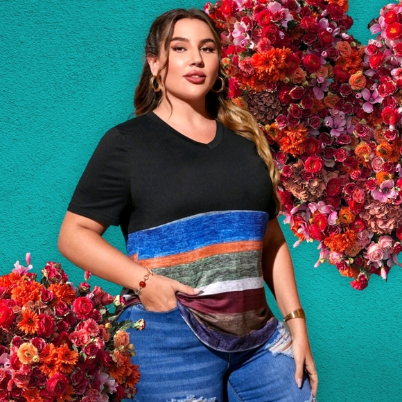 SHEIN/EMERY ROSE 🌹 Women's Plus Size Black Colorblock Casual Fashion Top!! - Picture 7 of 13